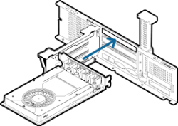 Diagramm einer Grafikkarte, die in einen Computersteckplatz eingesetzt wird, mit einem blauen Pfeil, der den Einsatzprozess anzeigt.
