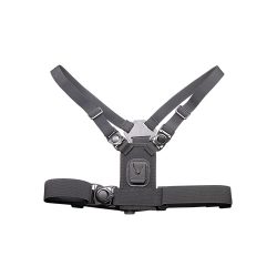 Schwarzes, verstellbares Gurtzeug oder Harness mit mehreren Schnallen und Riemen.