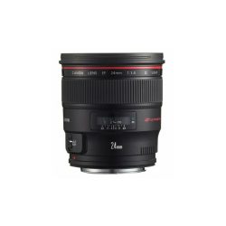 Canon EF 24mm f/1.4L II USM Kameraobjektiv in Schwarz mit rotem Ring und Fokuswaage im oberen Teil des Gehäuses.