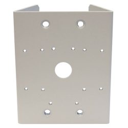 Weiße Metallhalterung mit mehreren Bohrlöchern in verschiedenen Größen.