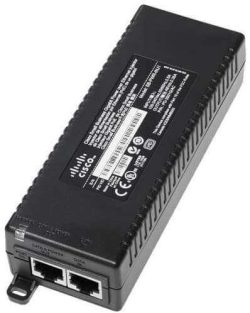 Ein schwarzes Netzgerät mit Cisco-Logo und zwei Ethernet-Anschlüssen auf der Vorderseite, das für die Stromversorgung von Netzwerkgeräten verwendet wird.
