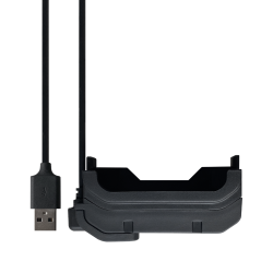Schwarzer USB-Stecker angeschlossen an eine robuste Halterung, vermutlich für ein elektronisches Gerät oder Zubehör.