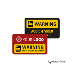Zwei Warnschilder mit der Aufschrift "Warning Audio & Video Recording", eines auf rotem Hintergrund mit einem Logo-Platzhalter und eines auf schwarzem Hintergrund.