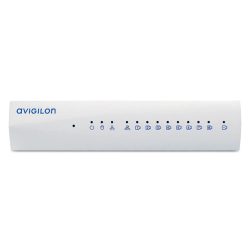 Eine weiße Netzwerk-Switch von Avigilon mit mehreren LED-Anzeigen auf der Vorderseite.