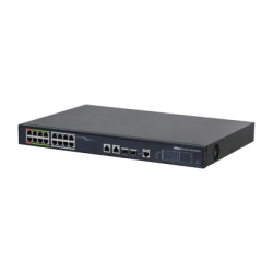 Ein schwarzer Netzwerk-Switch mit mehreren Ethernet-Ports auf der Vorderseite, geeignet für die Rackmontage in einem Serverraum.