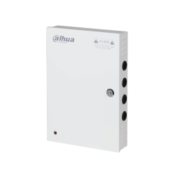 Weißes Gehäuse eines elektronischen Sicherheitssystems mit der Aufschrift 'Dahua Technology' und einem Warnhinweis vor elektrischen Schlägen.