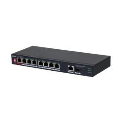 Ein schwarzer Netzwerk-Switch mit acht Ethernet-Ports und zusätzlichen Anzeige-LEDs, die den Verbindungsstatus anzeigen.