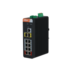 Industrie-Netzwerk-Switch von Dahua mit mehreren Ethernet-Anschlüssen und LED-Anzeigen in einem schwarzen, rechteckigen Gehäuse.
