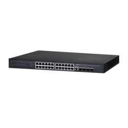 Ein schwarzer Netzwerk-Switch mit vierundzwanzig Ethernet-Ports und vier zusätzlichen Ports an der Vorderseite, häufig in Serverräumen verwendet.