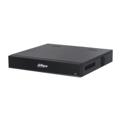 Ein schwarzer Dahua Netzwerkvideorecorder (NVR) mit rechteckigem Gehäuse, Lüftungsschlitzen an der Seite und dem Dahua-Logo auf der Vorderseite.