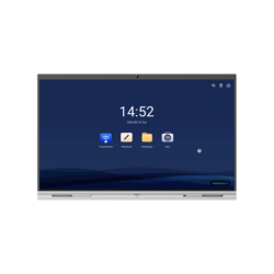 Ein interaktives Whiteboard mit einem blauen Hintergrundbildschirm, der eine Uhrzeit von 14:52 anzeigt. Auf dem Display sind mehrere Symbole sichtbar, darunter Icons für Bildschirmfreigabe, Whiteboard, Dateiexplorer und eine Kamera-App.