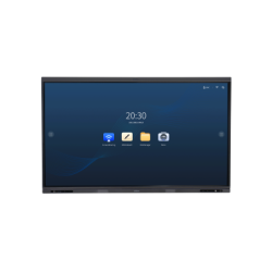 Ein großer Touchscreen-Monitor mit einer Benutzeroberfläche, die die Uhrzeit sowie Anwendungen wie Bildschirmfreigabe, Notizen, Dateimanager und Kamera anzeigt.