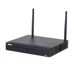 Ein schwarzer Router oder Netzwerkrekorder mit zwei Antennen und Lüftungsschlitzen an der Seite.
