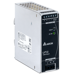 Ein silbernes Schaltnetzteil mit Lüftungsschlitzen auf der Oberseite, Vorderseite mit Anschlüssen und Anzeigen für DC OK sowie einem Label mit der Aufschrift 'Delta LYTE 120W Output'.