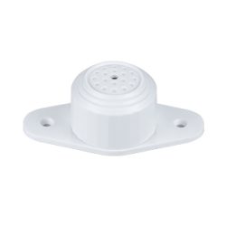 Ein weißer Kunststoffsensor mit abgerundeter Form und perforierter Oberfläche, montiert auf einer rechteckigen Basis mit zwei Befestigungslöchern.