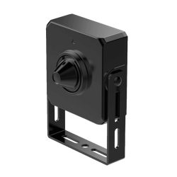 Ein schwarzer CCTV-Kamera, die auf einer Halterung montiert ist, mit einem konischen Objektiv in der Mitte.