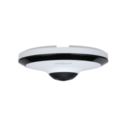 Deckenmontierte Überwachungskamera mit futuristischem Design in Weiß und Schwarz.