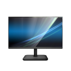 Ein moderner Computerbildschirm mit einem schmalen Rahmen, auf einem rechteckigen Standfuß stehend, mit einem blauen und grünen Farbverlauf auf dem Display.