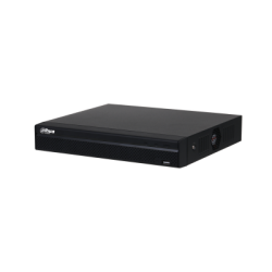 Ein schwarzer digitaler Videorekorder (DVR) mit Lüftungsschlitzen an der Seite und dem Logo "Dahua" auf der Vorderseite.