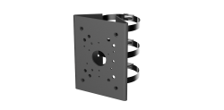 Schwarze Metallplattenhalterung mit mehreren kleinen Löchern und zwei runden Befestigungsbändern auf der Rückseite.