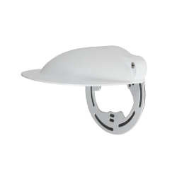 Weiße, schalenförmige Antenne mit einer Halterung an der Unterseite.