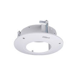 Ein weißer runder Kamerahalter, geeignet für Deckenmontage, mit einem mittigen Loch und Befestigungsmechanismen.