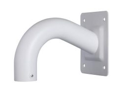 Weiße, runde Metallhalterung mit gebogenem Arm und rechteckiger Montageplatte mit vier Schraublöchern.