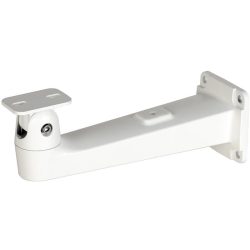 Weiße Wandhalterung mit verstellbarem Arm und Befestigungsplatten an beiden Enden.