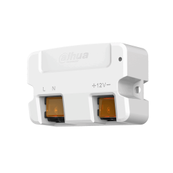 Ein weißes elektrisches Gerät von Dahua Technology, gekennzeichnet mit den Anschlüssen "L", "N" und "+12V-", sowie zwei orangefarbene Steckverbindungen.