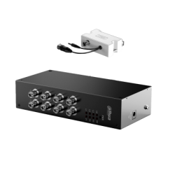 Ein schwarzen Sicherheitsgerät mit mehreren Anschlussbuchsen, darüber befindet sich ein kleinerer, weißer Adapter mit Kabeln.