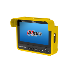 Ein gelber technischer Bildschirmtester mit dem Logo "Dahua Technology" auf dem Bildschirm und mehreren Tasten darunter.