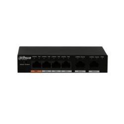 Ein schwarzer Netzwerk-Switch von Dahua mit sechs Ethernet-Ports, die auf der Vorderseite beschriftet sind.