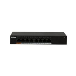 Ein schwarzer Netzwerk-Switch von Dahua mit acht Ethernet-Ports auf der Vorderseite.