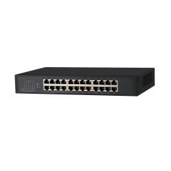Ein schwarzer 24-Port Gigabit Ethernet Switch mit nummerierten Ports, in einem rechteckigen Metallgehäuse.