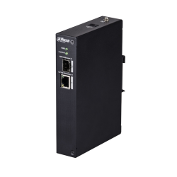 Ein schwarzer Ethernet-Industrieswitch von Dahua mit Anschlüssen und LED-Anzeigen an der Vorderseite.
