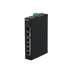 Ein schwarzer Ethernet-Switch von Dahua mit mehreren Ethernet- und Glasfaseranschlüssen an der Vorderseite.