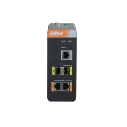 Frontansicht eines Netzwerkgeräts von Dahua mit mehreren Anschlussmöglichkeiten, einschließlich RJ-45- und SFP-Ports, und integriertem PoE.