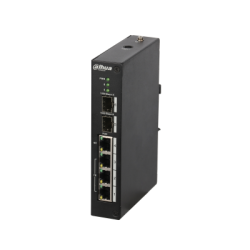 Ein schwarzer industrieller Netzwerk-Switch von Dahua mit mehreren Ethernet-Anschlüssen und LEDs auf der Vorderseite.