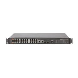 Ein Netzwerk-Switch mit mehreren Ethernet-Ports und zwei zusätzlichen Anschlüssen, in einem grauen Gehäuse montiert.