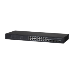 Schwarzer Netzwerk-Switch mit mehreren Ethernet-Ports auf der Vorderseite.