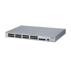 Ein grauer Netzwerkswitch von Dahua mit mehreren Ethernet- und Glasfaseranschlüssen auf der Vorderseite, geeignet für den Einbau in ein Server-Rack.