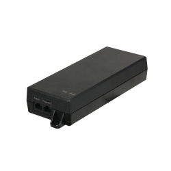Ein schwarzes PoE (Power over Ethernet)-Netzteil mit zwei Ethernet-Anschlüssen, beschriftet als 'Data In' und 'Power Out'.