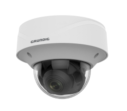 Eine weiße Überwachungskamera von Grundig in einer kugelförmigen Dom-Form, geeignet für Deckenmontage.