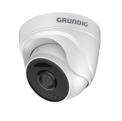 Weißer Überwachungskamera-Dome mit dem Herstellerlogo "GRUNDIG" oben, modelliert in elegantem, modernem Design.