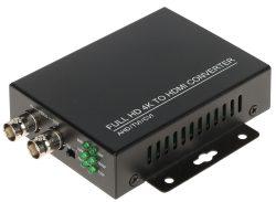 Ein schwarzer Full HD 4K zu HDMI Konverter mit Beschriftung "FULL HD 4K TO HDMI CONVERTER AHD/TVI/CVI" und mehreren Anschlüssen sowie Kontrollleuchten.