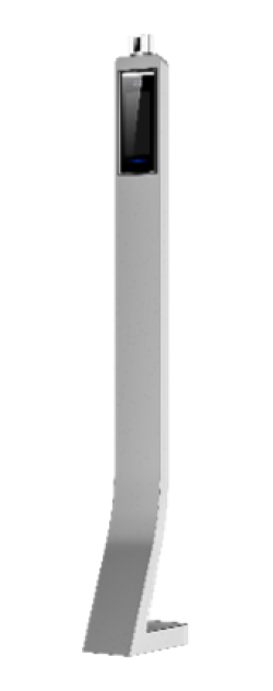 Moderner, freistehender Desinfektionsmittelspender mit schlankem Design, silberner Oberfläche und integriertem Sensorbildschirm an der Oberseite.
