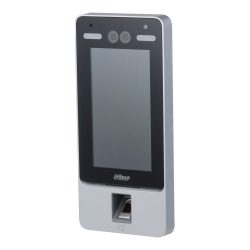 Ein rechteckiges biometrisches Zugangskontrollgerät von Dahua Technology mit einem großen Display und einem Fingerabdruckscanner an der Unterseite.