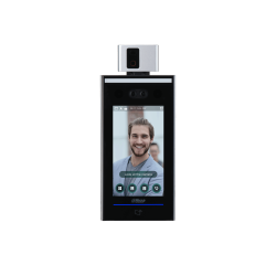 Ein biometrisches Erkennungsgerät mit einer Kamera und einem Bildschirm, auf dem das Bild eines lächelnden Mannes angezeigt wird.