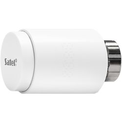 Ein weißer, zylindrischer Thermostat mit dem Logo "Satel" auf der linken Seite, und einem metallischen Anschluss auf der rechten Seite.