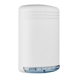 Ein weißes, wandmontiertes Alarmsystem mit minimalistischem Design und einem durchsichtigen, blauen Abschnitt am unteren Ende.